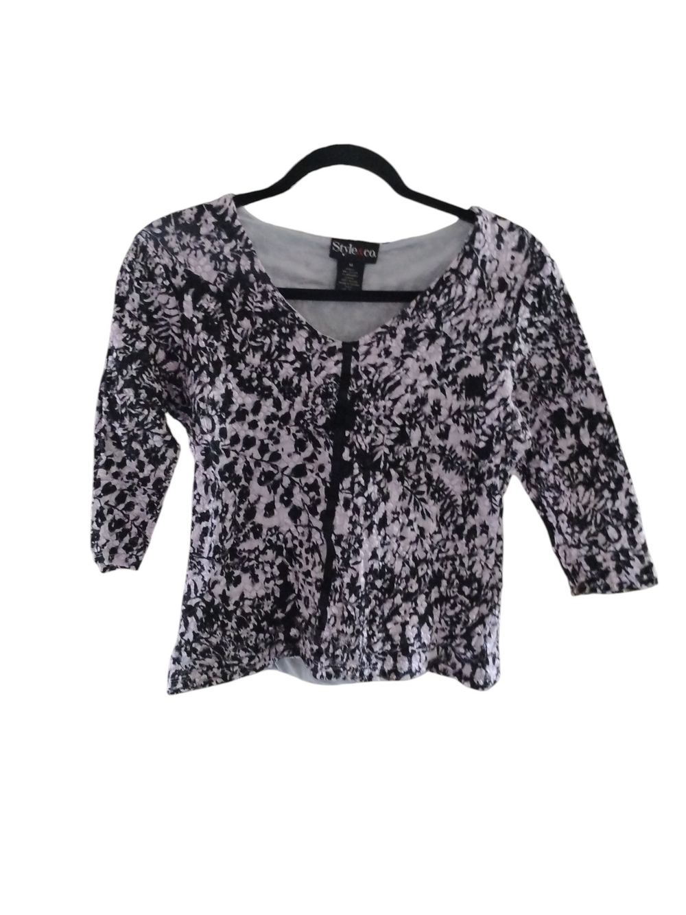 Style & Co. Black & White Floral 3/4 Length Sleeve Blouse SZ M